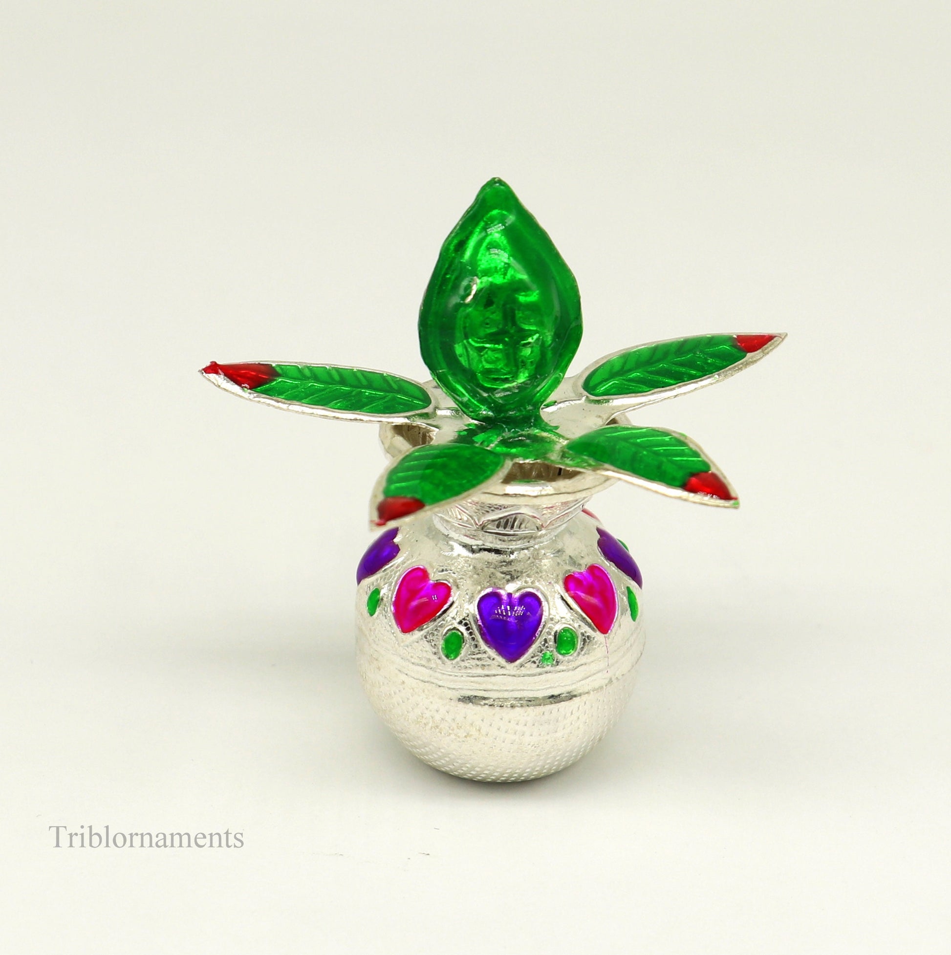 Solid sterling silver handmade vintage design puja kalash with silver coconuts and leaf, excellent home temple article worshipping su458 - TRIBAL ORNAMENTS