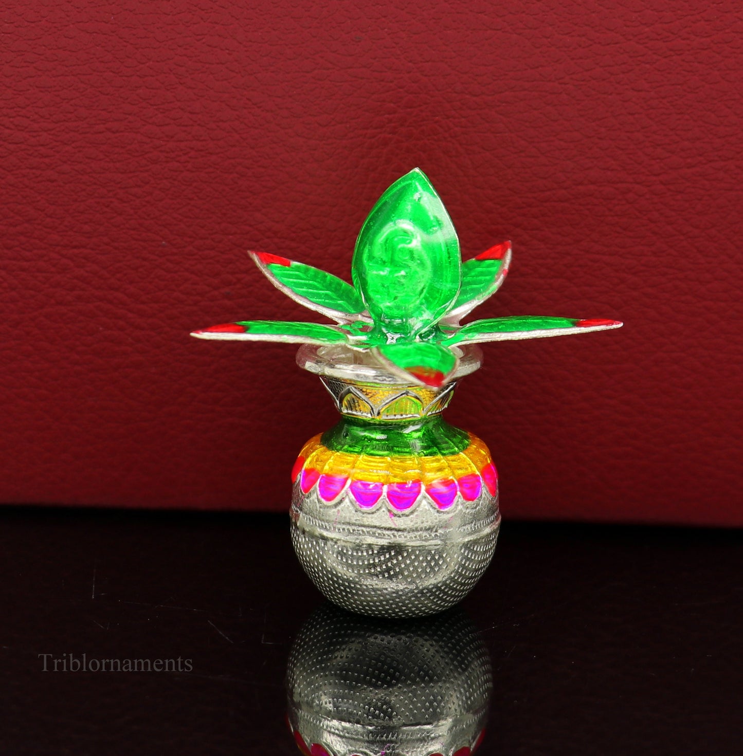 Solid sterling silver handmade vintage puja kalash with silver coconuts and leaf for home temple worship by Tribal Ornaments.