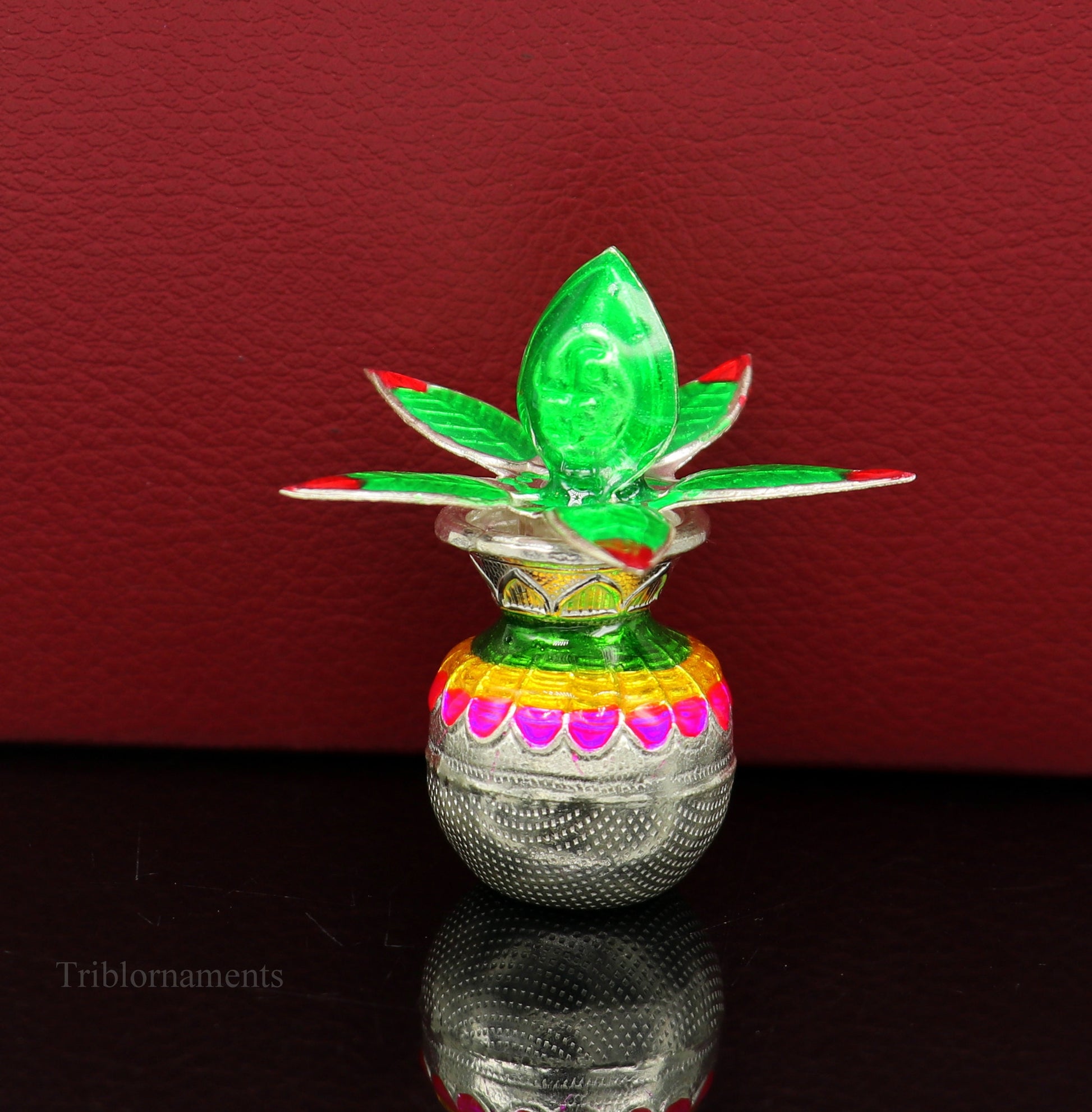 Solid sterling silver handmade vintage puja kalash with silver coconuts and leaf for home temple worship by Tribal Ornaments.