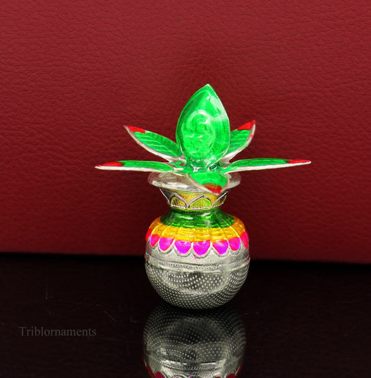 Solid sterling silver handmade vintage puja kalash with silver coconuts and leaf for home temple worship by Tribal Ornaments.
