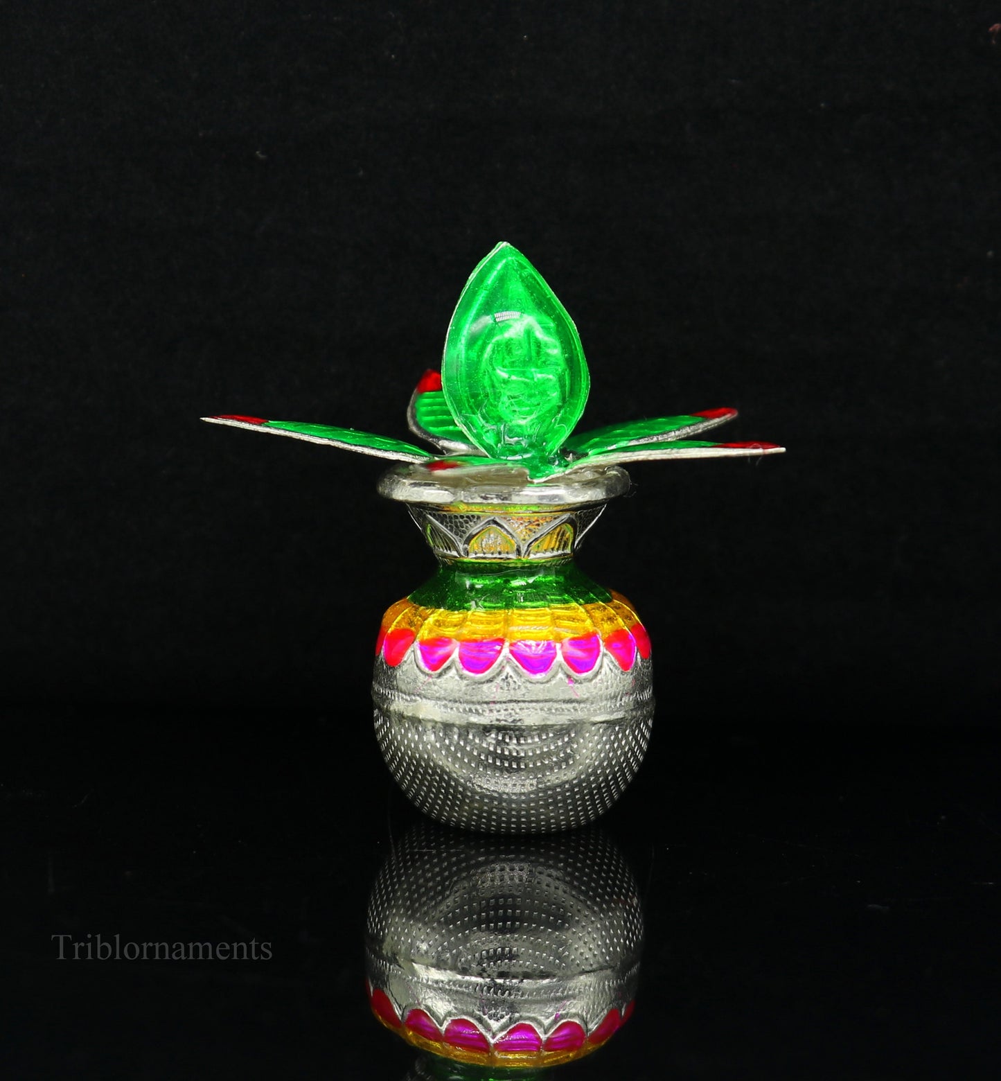 Solid sterling silver handmade vintage puja kalash with silver coconuts and leaf for home temple worship by TRIBAL ORNAMENTS