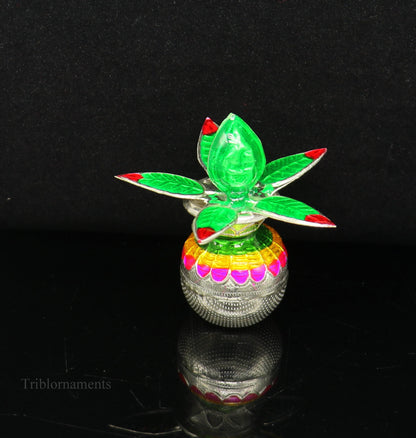 Solid sterling silver handmade vintage puja kalash with silver coconuts and leaf, ideal for home temple worship by TRIBAL ORNAMENTS.