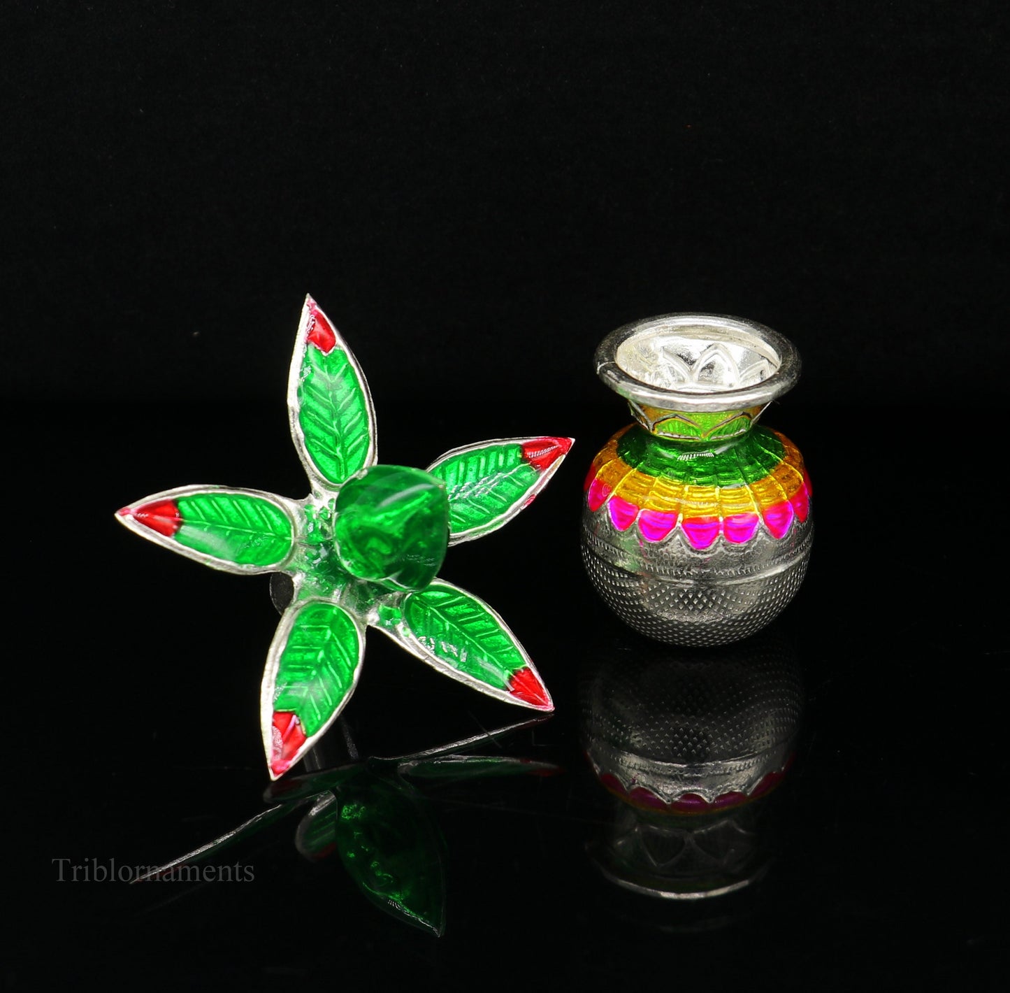 Sterling silver handmade vintage puja kalash with silver coconuts and leaf, ideal for home temple worship, by TRIBAL ORNAMENTS.