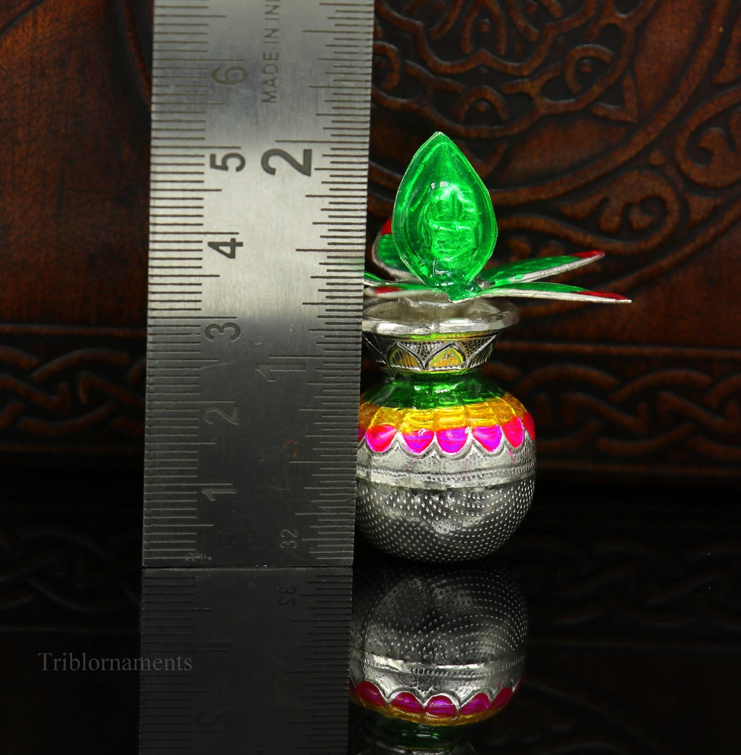 Solid sterling silver handmade vintage puja kalash with silver coconuts and leaf, ideal for home temple worship, by TRIBAL ORNAMENTS.