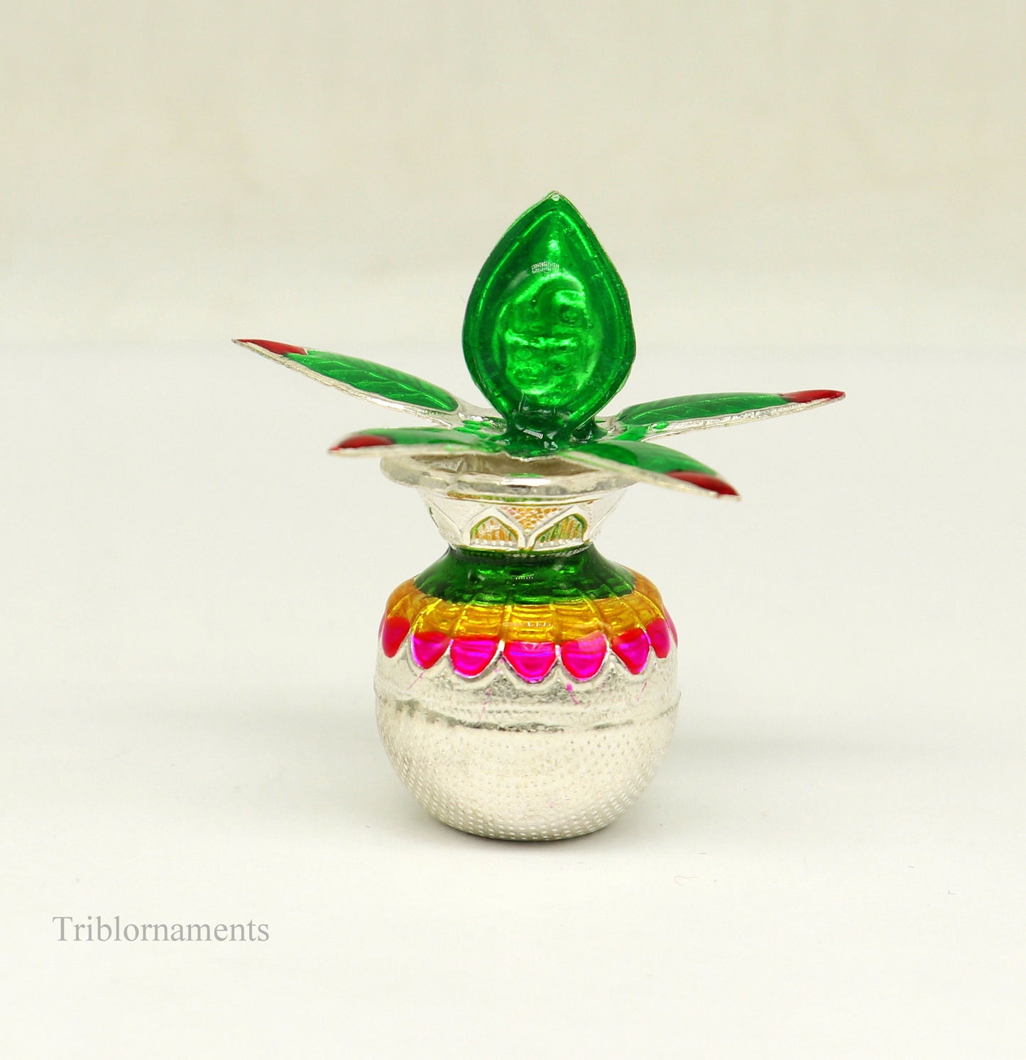 Sterling silver handmade vintage puja kalash with silver coconuts and leaf, ideal for home temple worship.