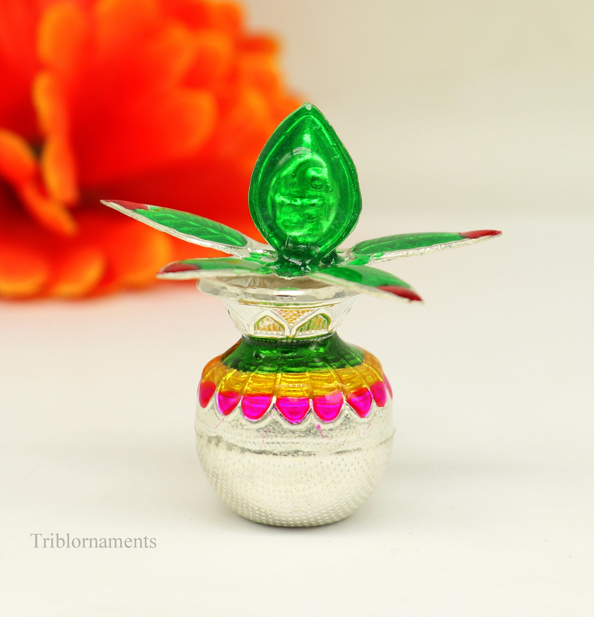 Solid sterling silver handmade vintage puja kalash with silver coconuts and leaf for home temple worship, by TRIBAL ORNAMENTS.