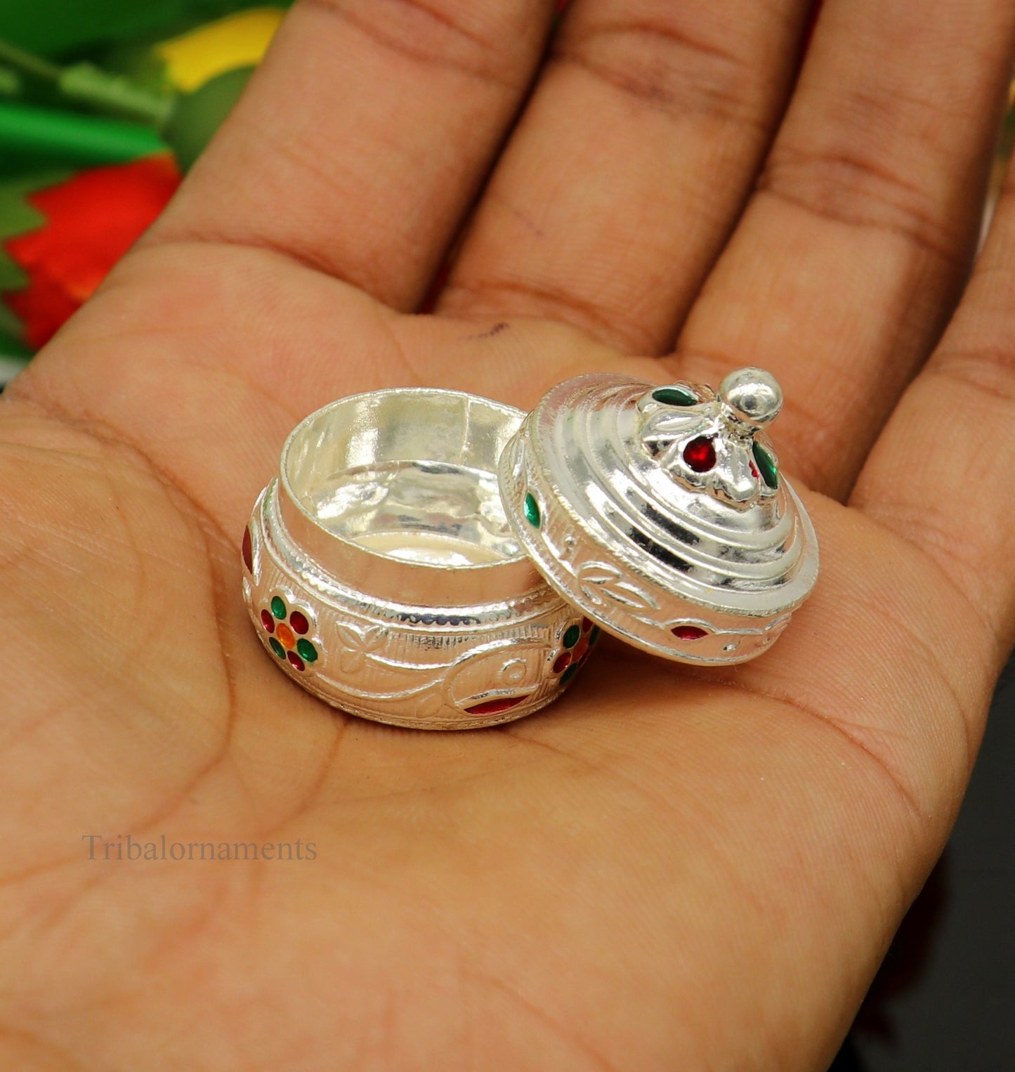 Handmade sterling silver antique design brides eyes kajal box, surma, kumkum, sindur, and small trinket storage by TRIBAL ORNAMENTS.
