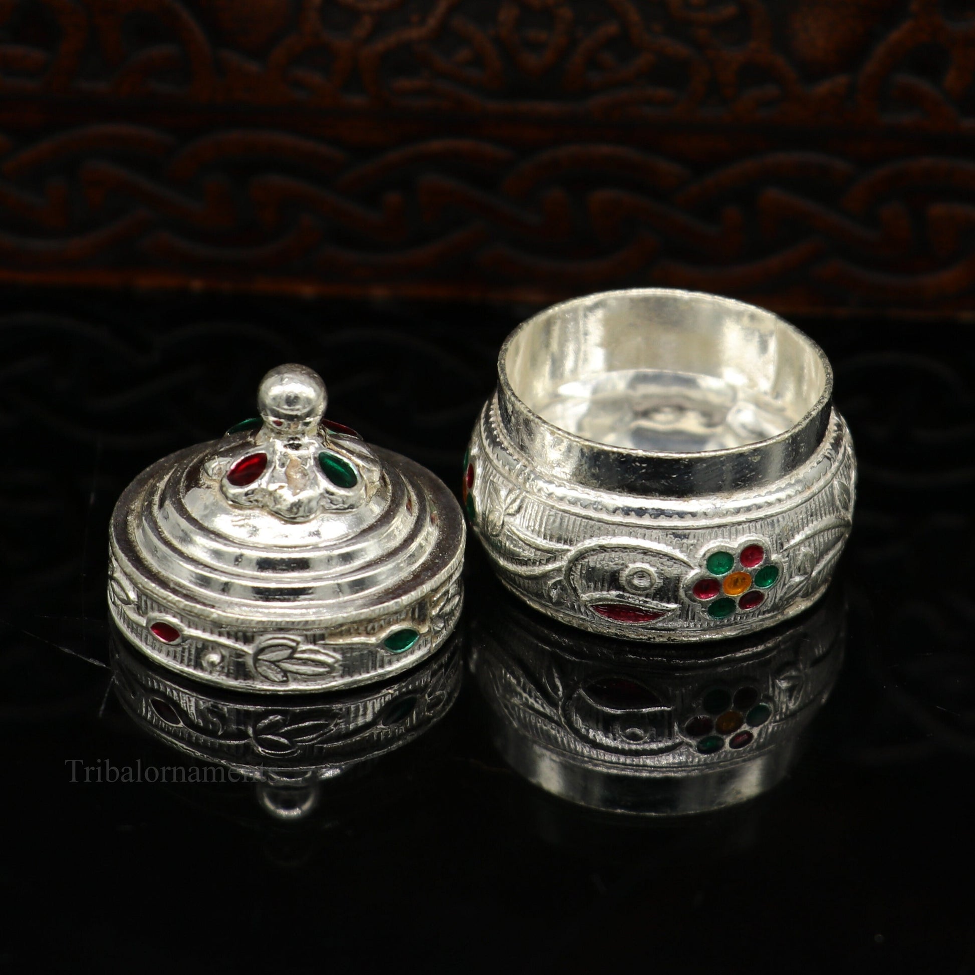 Solid sterling silver antique-style brides eyes kajal box, handmade tribal surma and kumkum sindur trinket storage container