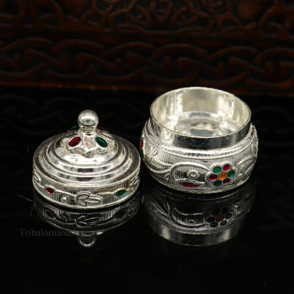 Solid sterling silver antique-style brides eyes kajal box, handmade tribal surma and kumkum sindur trinket storage container