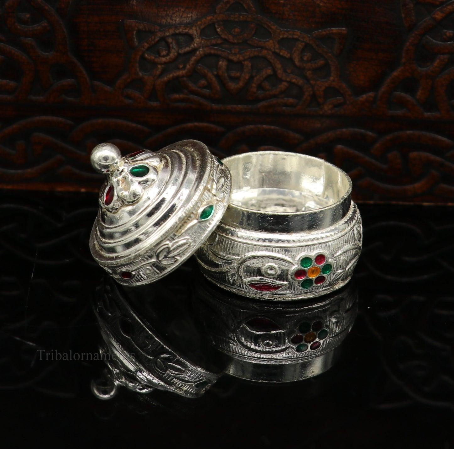 Solid sterling silver antique-style brides' eyes kajal box, handmade tribal surma and kumkum sindur small trinket storage container