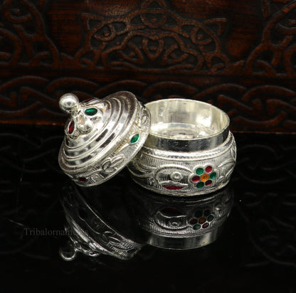 Solid sterling silver antique-style brides' eyes kajal box, handmade tribal surma and kumkum sindur small trinket storage container