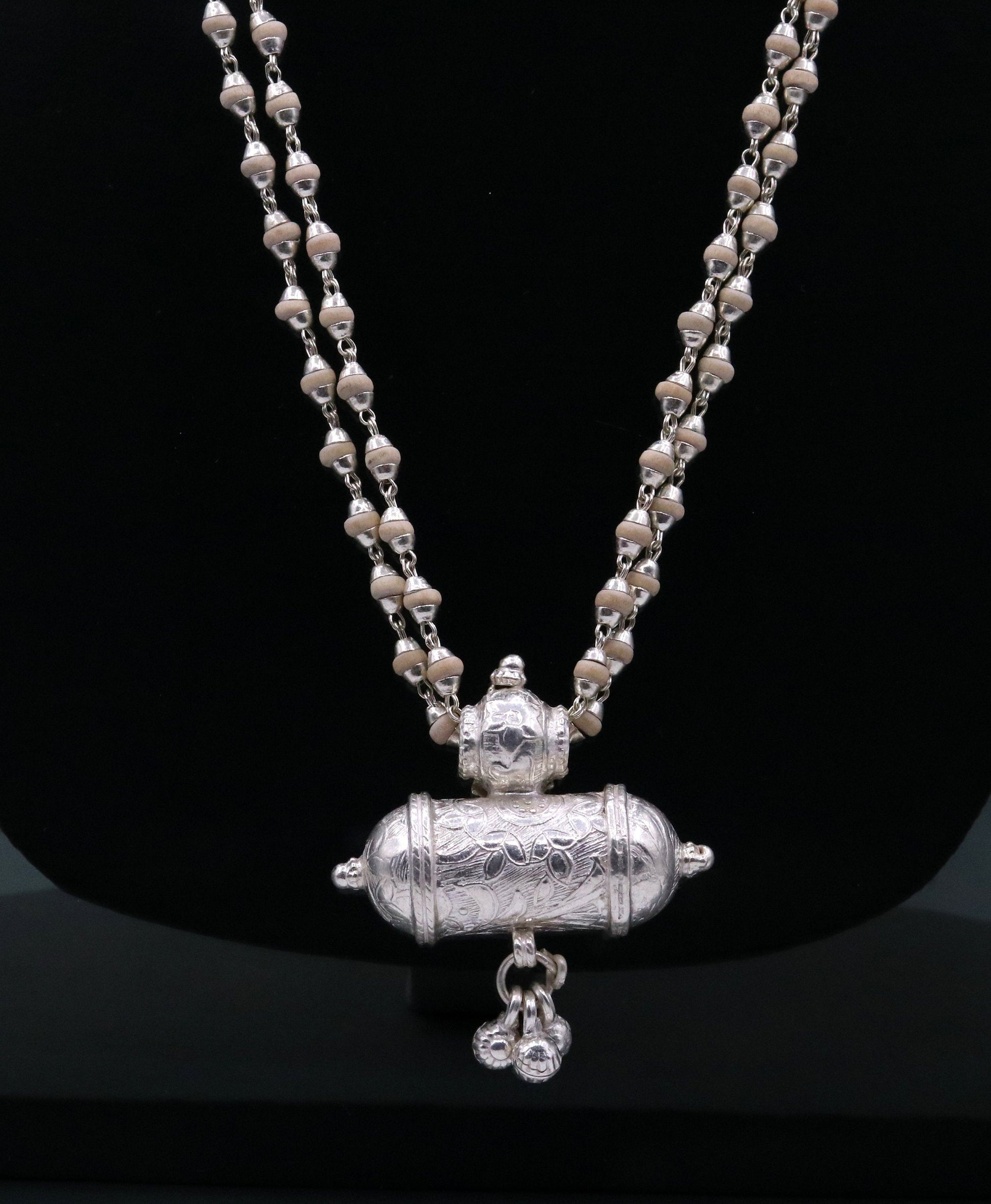 Sterling silver handmade amulet pendant gorgeous hanging bells with basil rosary beads necklace jewelry from india set40 - TRIBAL ORNAMENTS