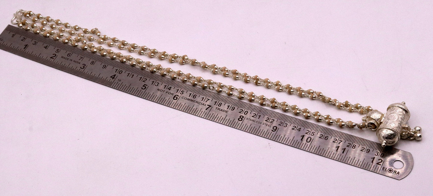 Sterling silver handmade amulet pendant gorgeous hanging bells with basil rosary beads necklace jewelry from india set40 - TRIBAL ORNAMENTS