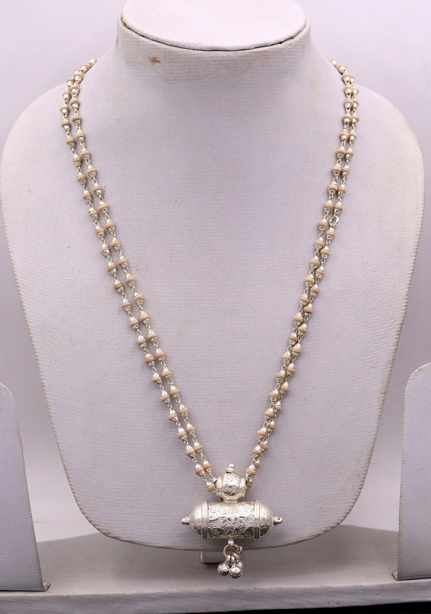 Sterling silver handmade amulet pendant gorgeous hanging bells with basil rosary beads necklace jewelry from india set40 - TRIBAL ORNAMENTS