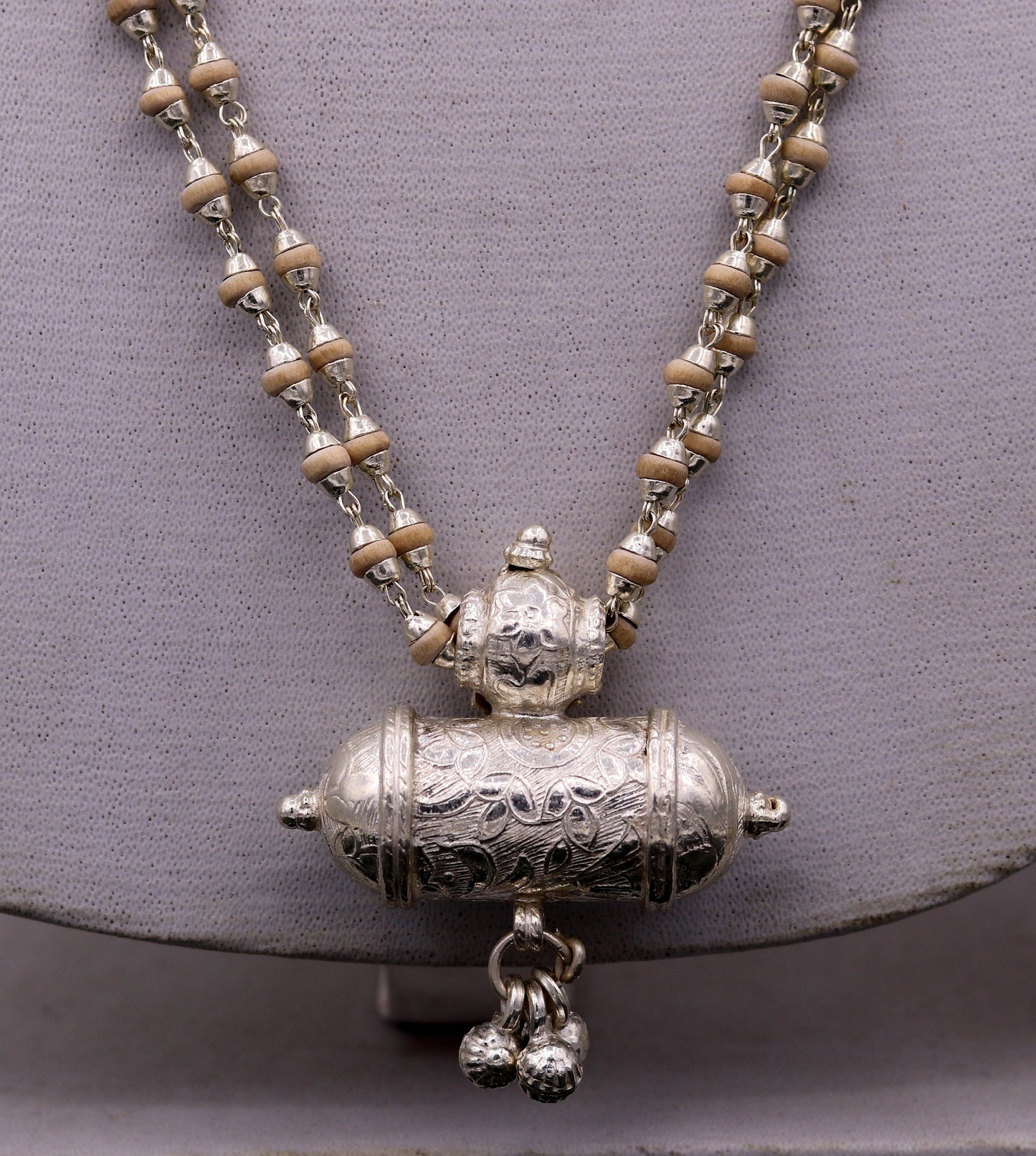 Sterling silver handmade amulet pendant gorgeous hanging bells with basil rosary beads necklace jewelry from india set40 - TRIBAL ORNAMENTS