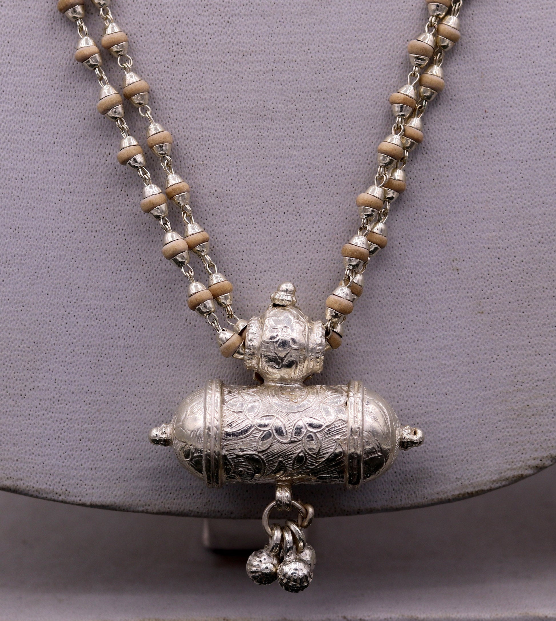Sterling silver handmade amulet pendant gorgeous hanging bells with basil rosary beads necklace jewelry from india set40 - TRIBAL ORNAMENTS
