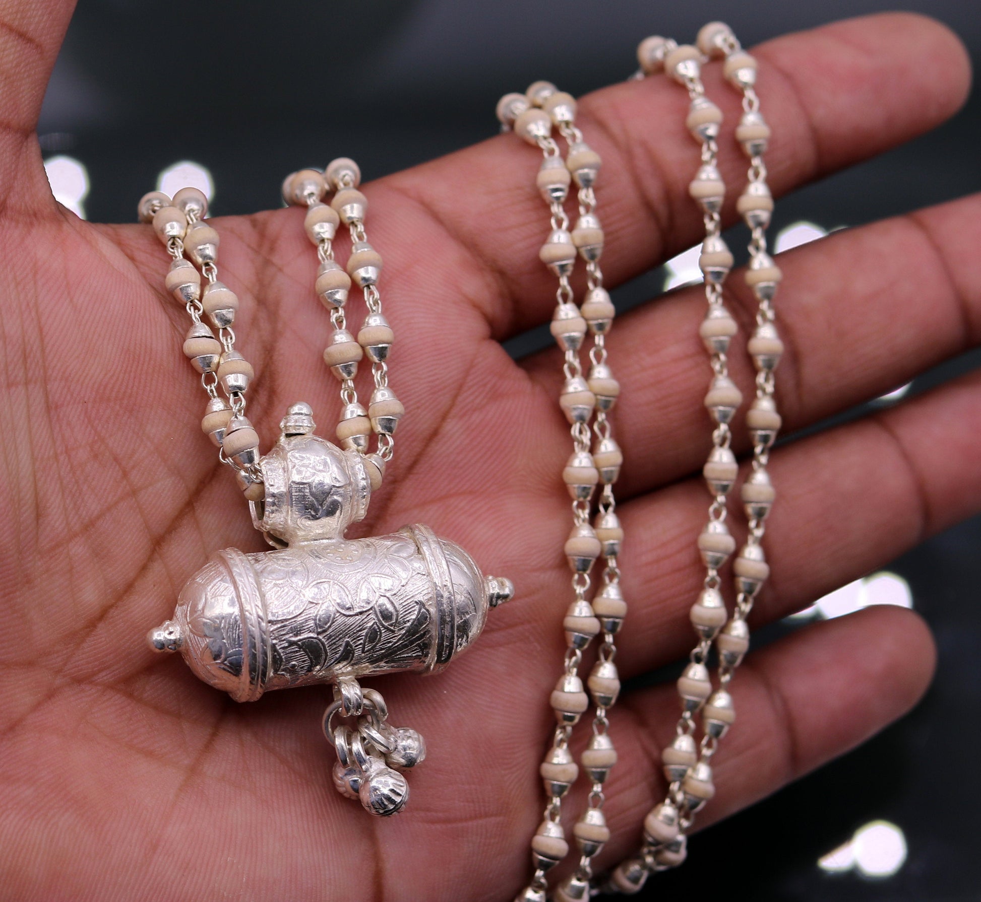 Sterling silver handmade amulet pendant gorgeous hanging bells with basil rosary beads necklace jewelry from india set40 - TRIBAL ORNAMENTS