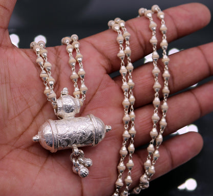 Sterling silver amulet pendant necklace with hanging bells and basil rosary beads, handcrafted tribal jewelry set from India