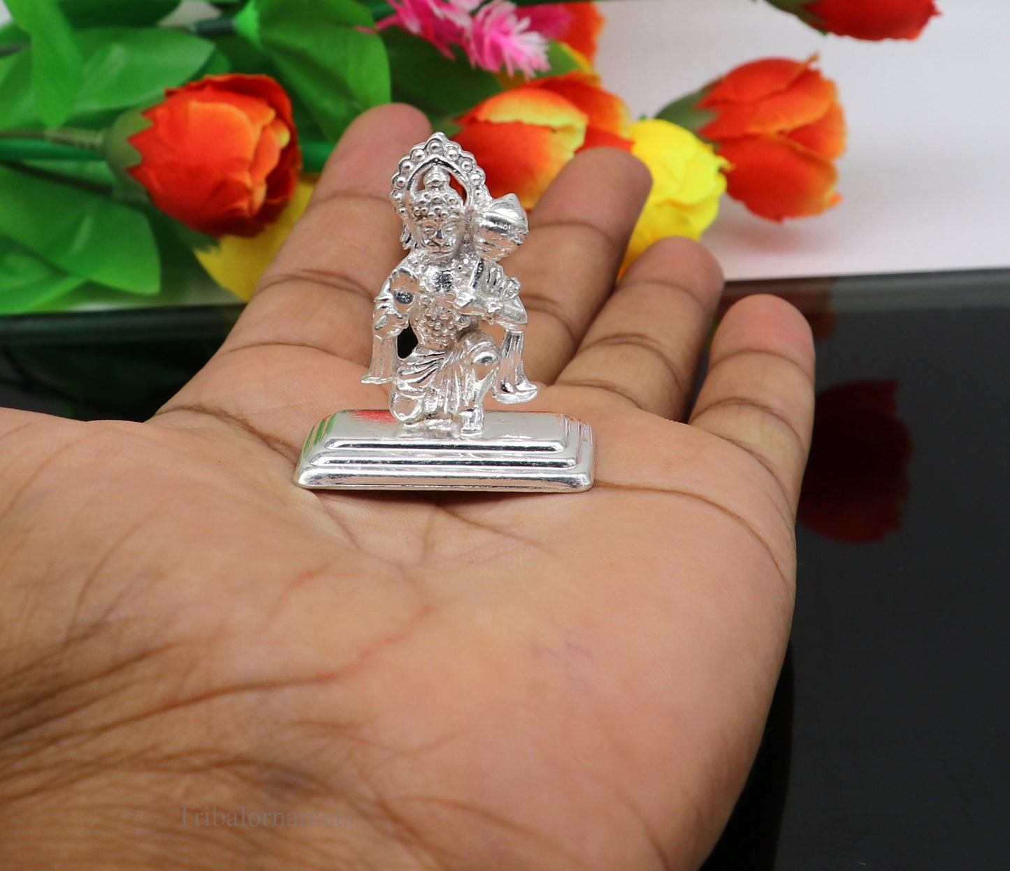 Sterling silver handmade Lord Hanumaan BajaranBali idol figurine, decorative Indian puja statue for Diwali and spiritual rituals.