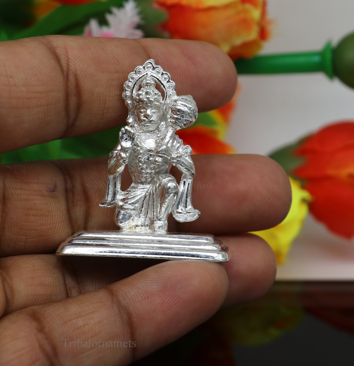 Sterling silver handmade Lord Hanumaan BajaranBali Indian idol statue, decorative puja figurine for Diwali and spiritual rituals