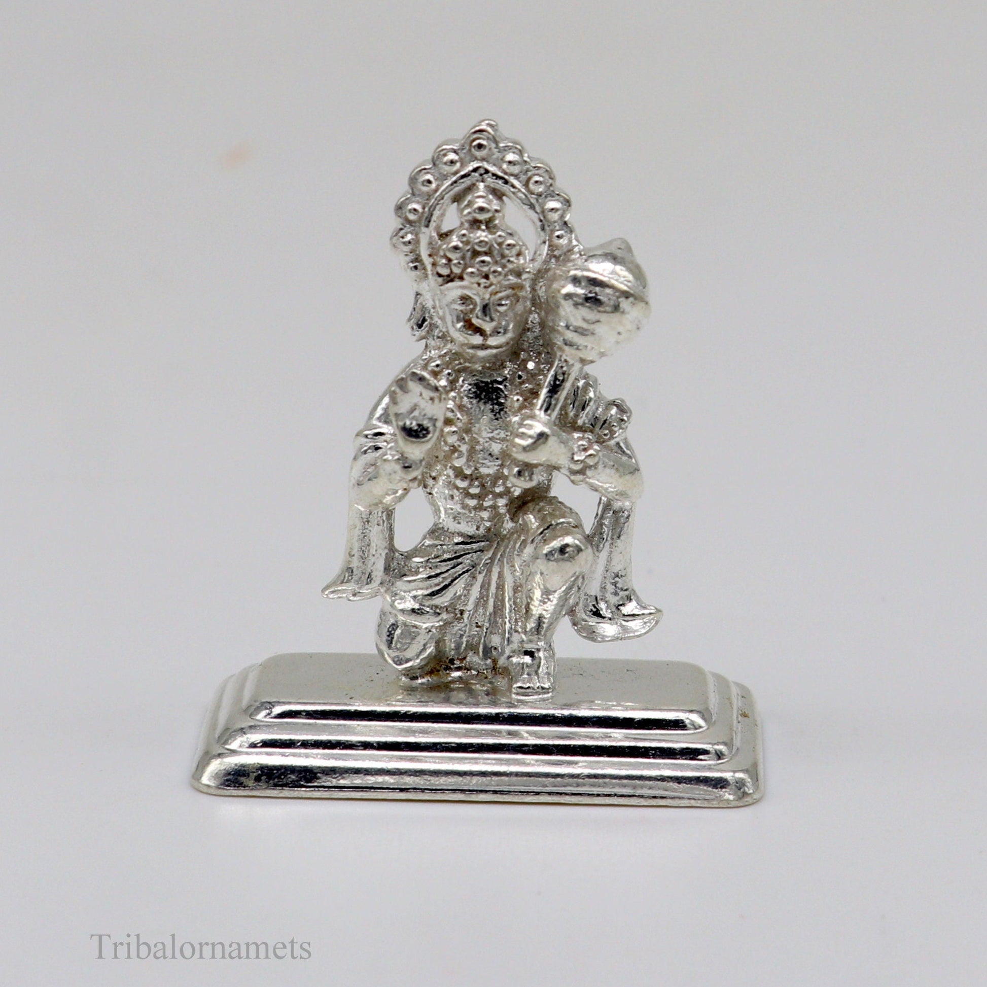 Sterling silver handmade Lord Hanumaan BajaranBali idol figurine, decorative Indian puja statue for Diwali and spiritual rituals.