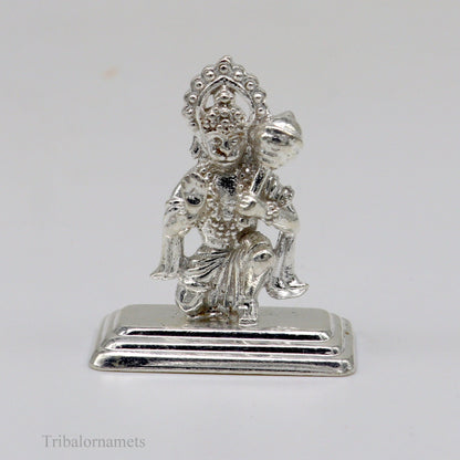 Sterling silver handmade Lord Hanumaan BajaranBali idol figurine, decorative Indian puja statue for Diwali and spiritual rituals.