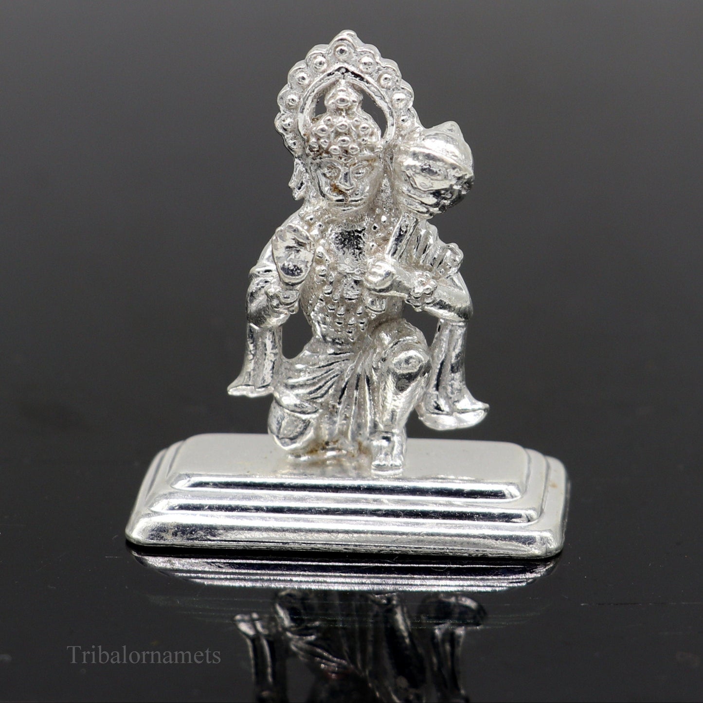 Sterling silver handmade Lord Hanumaan BajaranBali Indian idol figurine, decorative puja statue for Diwali and religious rituals.