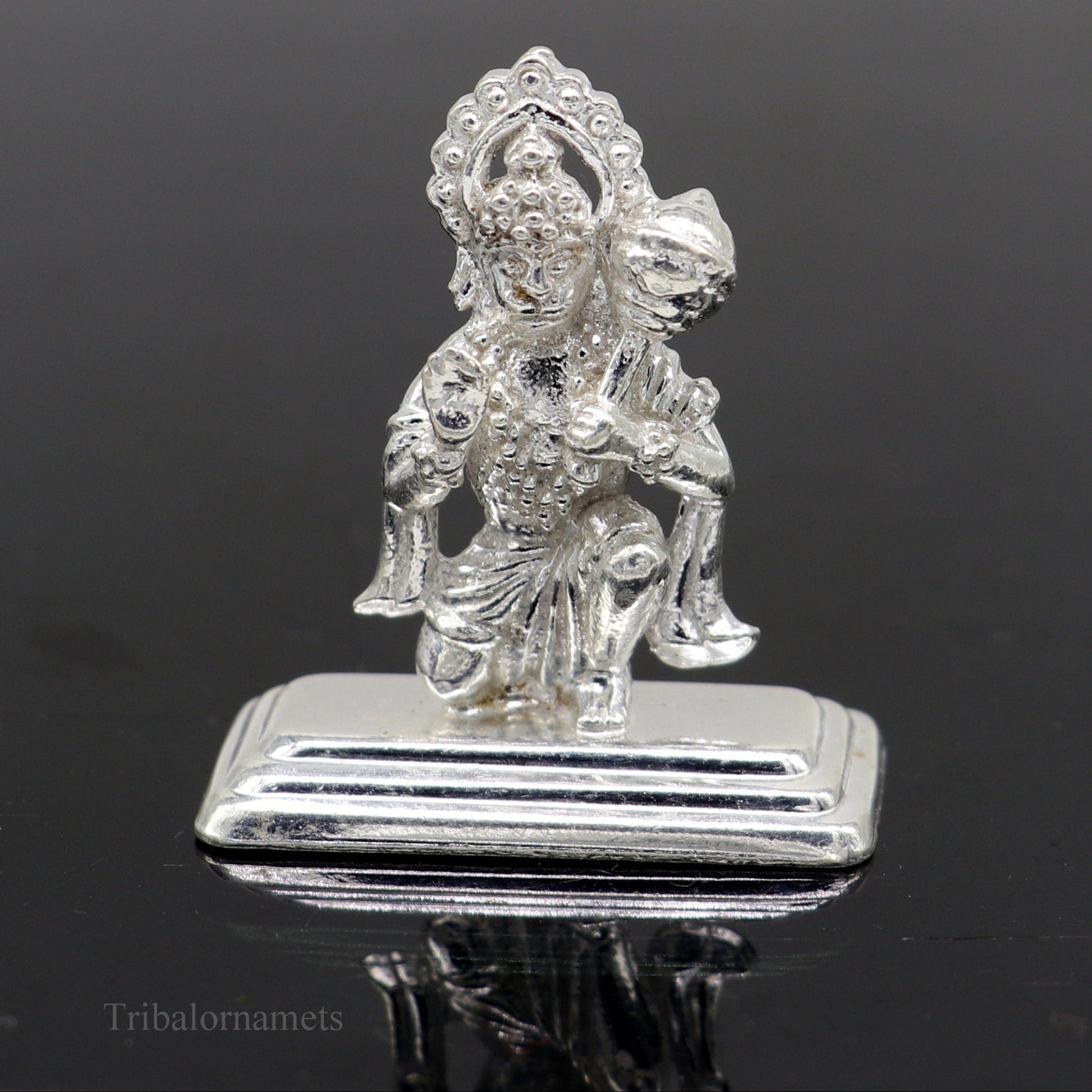 Sterling silver handmade Lord Hanumaan BajaranBali Indian idol figurine, decorative puja statue for Diwali and religious rituals.