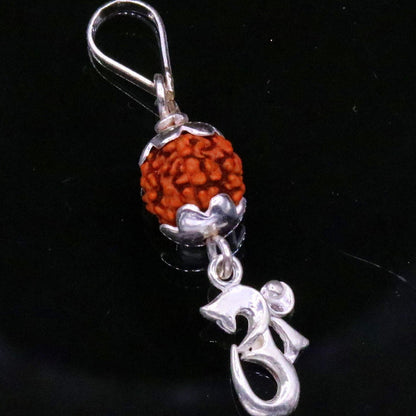 Sterling silver unisex necklace with Aum pendant and natural rudraksha bead, Tribal Ornaments handmade jewelry.