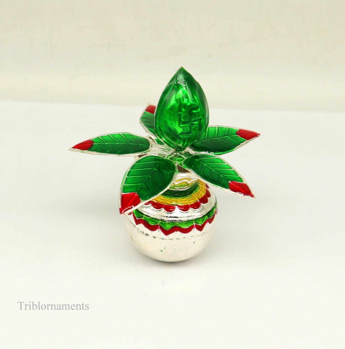 Sterling silver handmade puja kalash with mango leaf and coconut, traditional temple worship silver article by TRIBAL ORNAMENTS