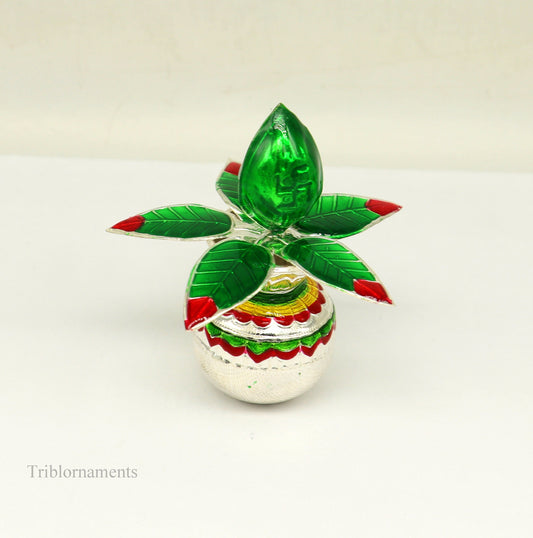 Sterling silver handmade puja kalash with mango leaf and coconut, traditional temple worship silver article by TRIBAL ORNAMENTS