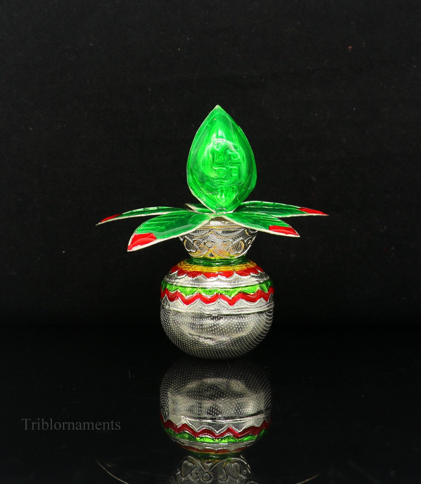 Sterling silver handmade puja kalash with mango leaf and coconut, decorative temple worship silver articles by Tribal Ornaments.