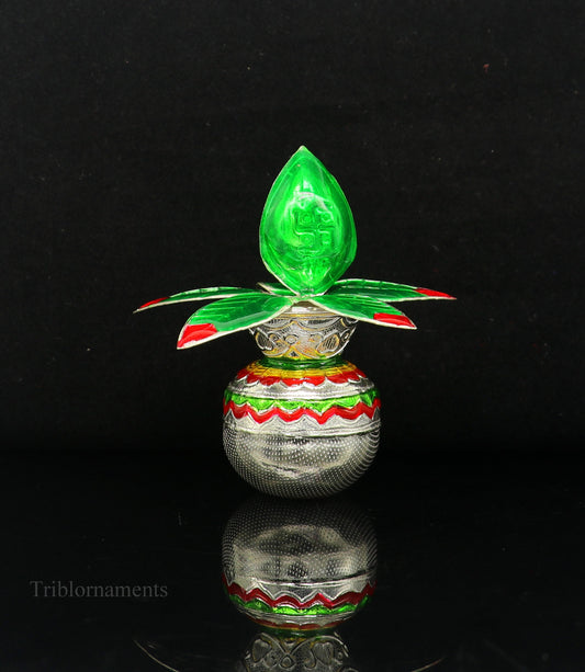 Sterling silver handmade puja kalash with mango leaf and coconut, decorative temple worship silver articles by Tribal Ornaments.