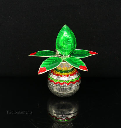 Sterling silver handmade puja kalash with mango tree leaf and coconut, traditional temple worship silver articles by TRIBAL ORNAMENTS.