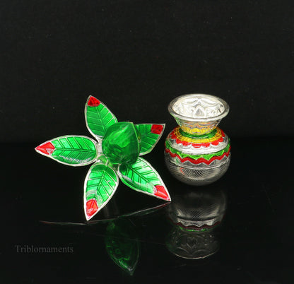 Sterling silver handmade puja kalash with mango leaf and coconut, traditional worship silver articles for temple rituals.