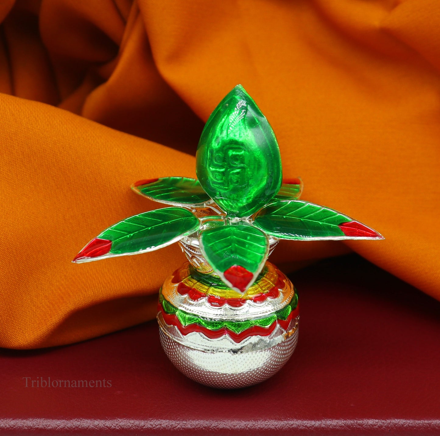 Sterling silver handmade puja kalash with mango tree leaf and coconut, traditional temple art worshipping silver article.