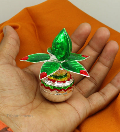 Sterling silver handmade puja kalash with mango leaf and coconut, traditional temple worship silver articles by TRIBAL ORNAMENTS.