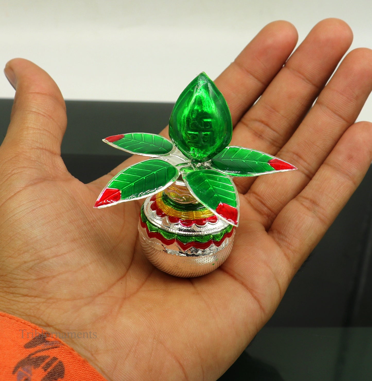 Sterling silver handmade puja kalash with mango leaf and coconut, traditional worshipping silver articles for temple rituals.