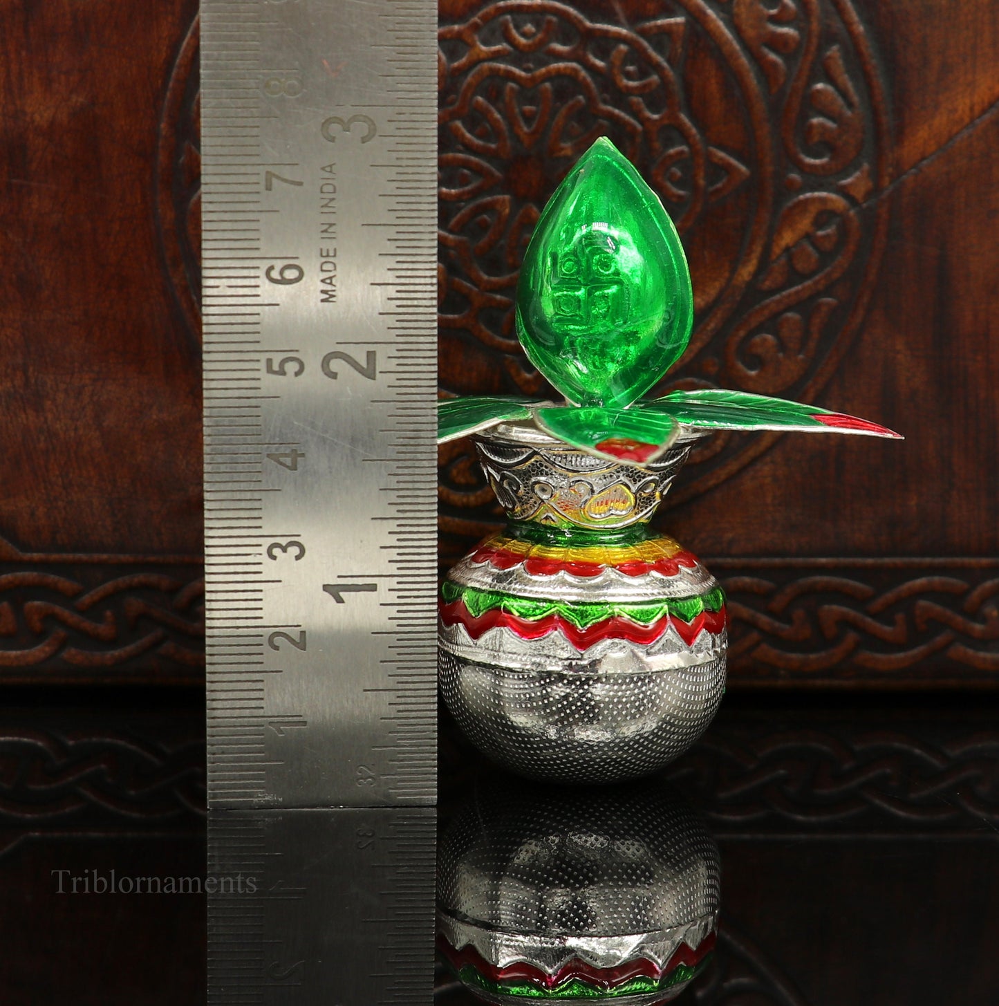 Sterling silver handmade puja kalash with mango leaf and coconut, traditional worshipping silver articles, temple art by TRIBAL ORNAMENTS.