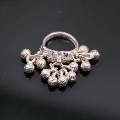 Sterling silver handmade charm ring with noisy bells, tribal antique jewelry for belly dance from TRIBAL ORNAMENTS, India.
