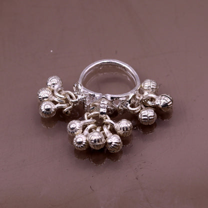 Sterling silver handmade charm ring with noisy bells, perfect for belly dance tribal jewelry, featuring antique Indian tribal design.