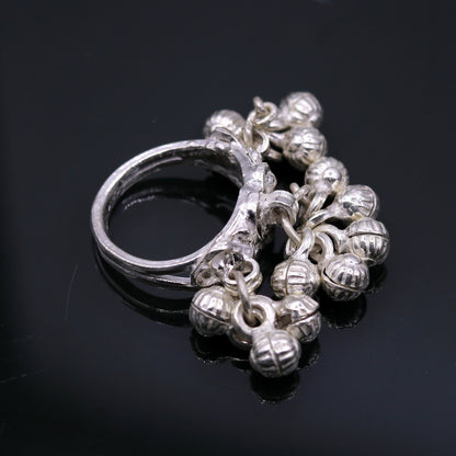 Sterling silver handmade charm ring with noisy bells, perfect for belly dance tribal antique jewelry, crafted by Tribal Ornaments.