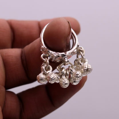 Sterling silver handmade charm ring with noisy bells, perfect for belly dance, tribal antique jewelry, featuring intricate tribal design.