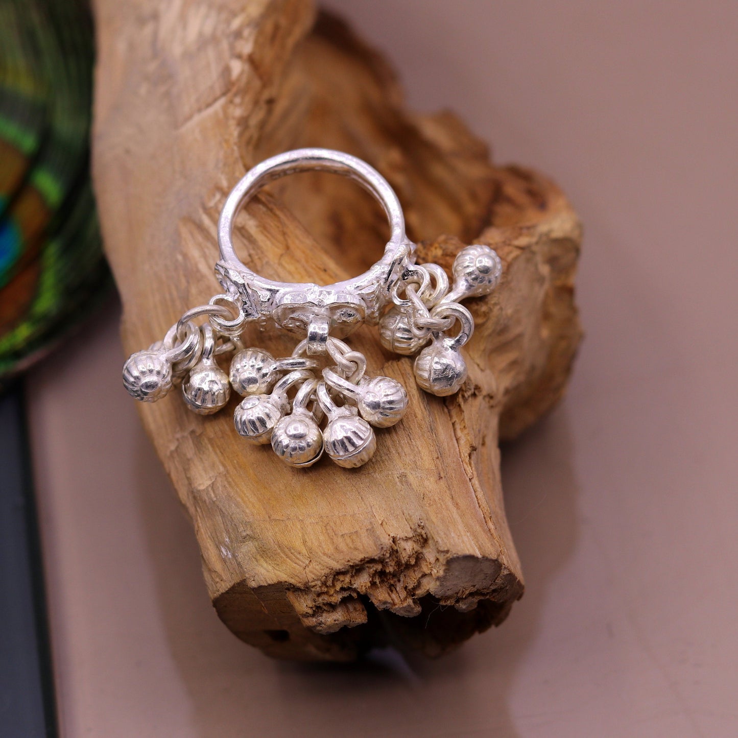 Sterling silver handmade gorgeous charm ring with fabulous noisy bells, excellent belly dance tribal antique jewelry india sr208 - TRIBAL ORNAMENTS