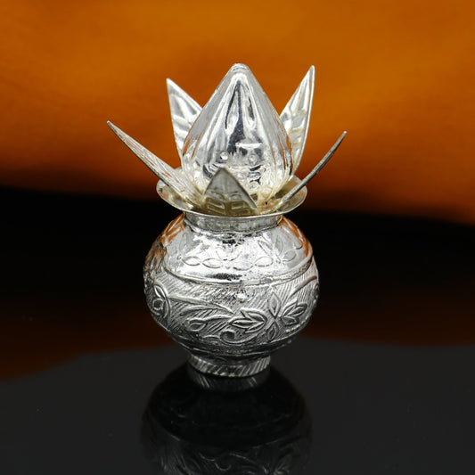 Sterling silver handmade gorgeous coconut with betel leaf puja kalash, best worshipping utensils, silver article puja art temple su710 - TRIBAL ORNAMENTS