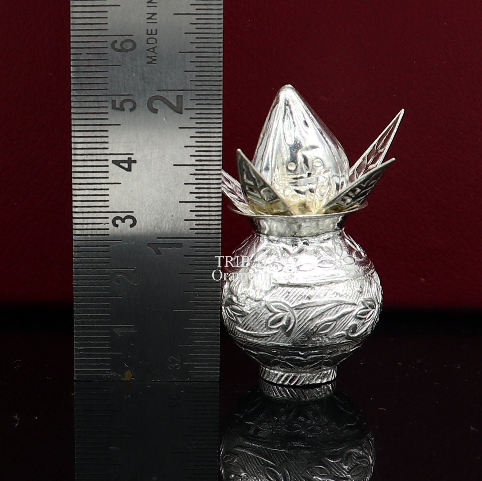 Sterling silver handmade gorgeous coconut with betel leaf puja kalash, best worshipping utensils, silver article puja art temple su710 - TRIBAL ORNAMENTS