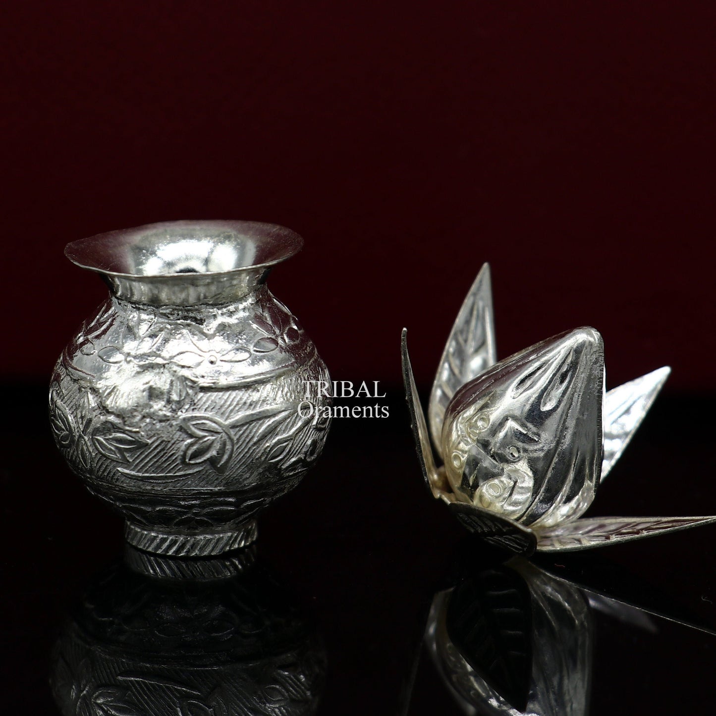 Sterling silver handmade gorgeous coconut with betel leaf puja kalash, best worshipping utensils, silver article puja art temple su710 - TRIBAL ORNAMENTS