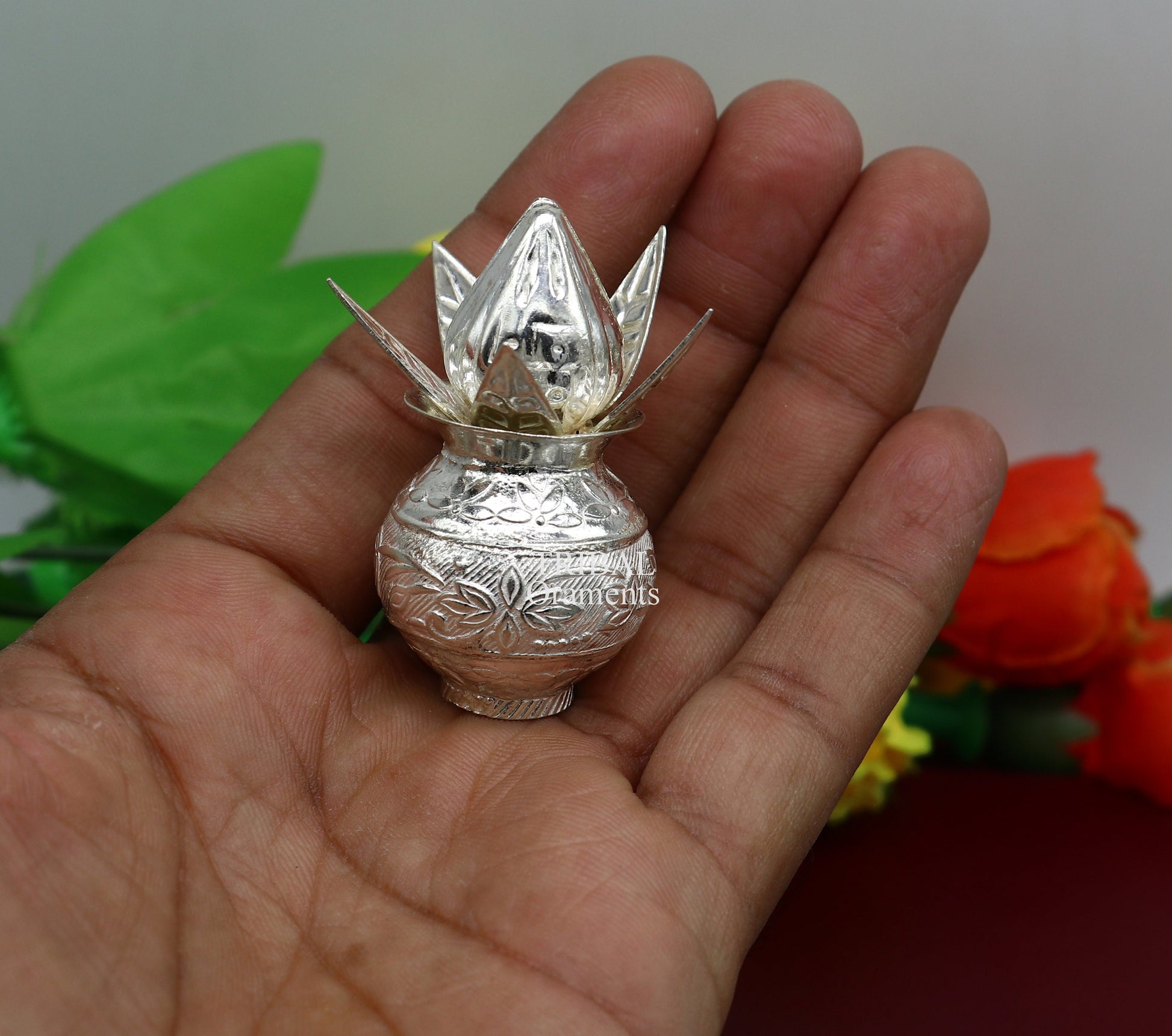 Sterling silver handmade gorgeous coconut with betel leaf puja kalash, best worshipping utensils, silver article puja art temple su710 - TRIBAL ORNAMENTS