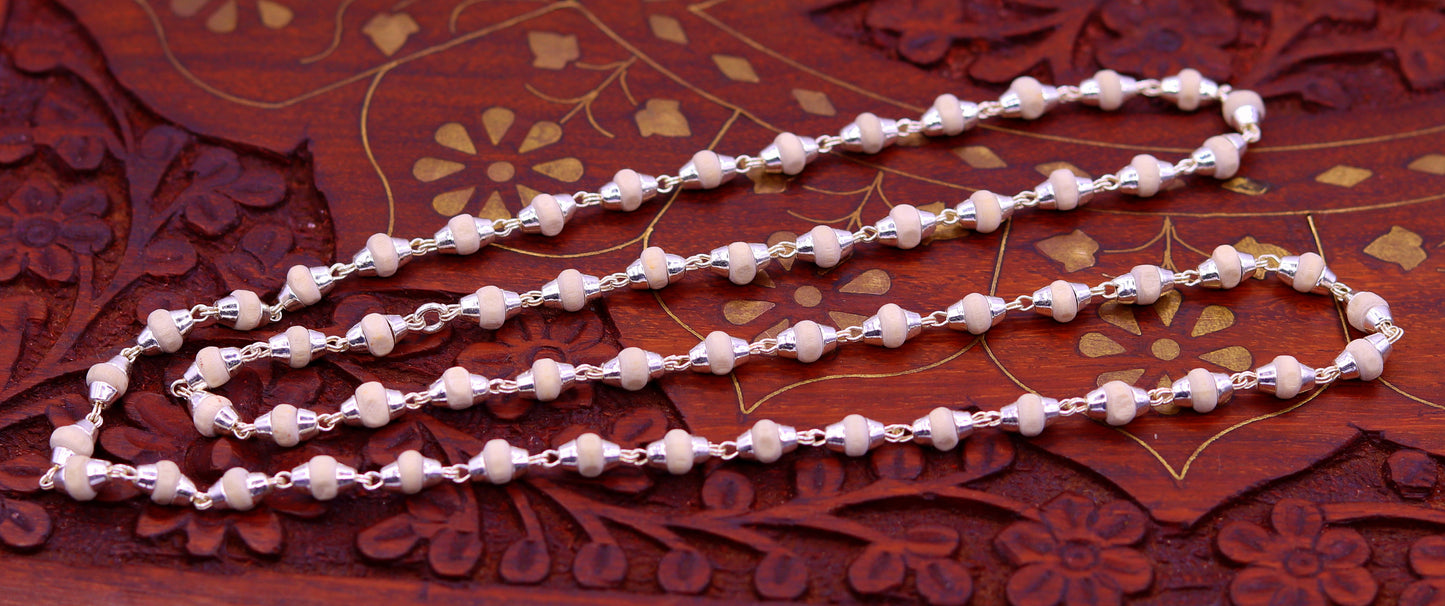 Sterling silver handmade Solid basil rosary plant wooden beads silver chain necklace tulsi mala use in Ayurveda meditation ch57 - TRIBAL ORNAMENTS