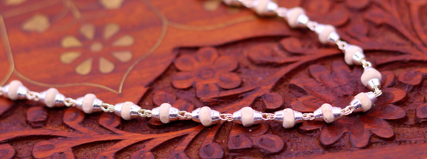 Sterling silver handmade Solid basil rosary plant wooden beads silver chain necklace tulsi mala use in Ayurveda meditation ch57 - TRIBAL ORNAMENTS
